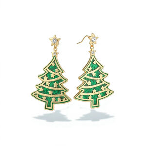 Green Gold Christmas Tree Dangle Earrings
